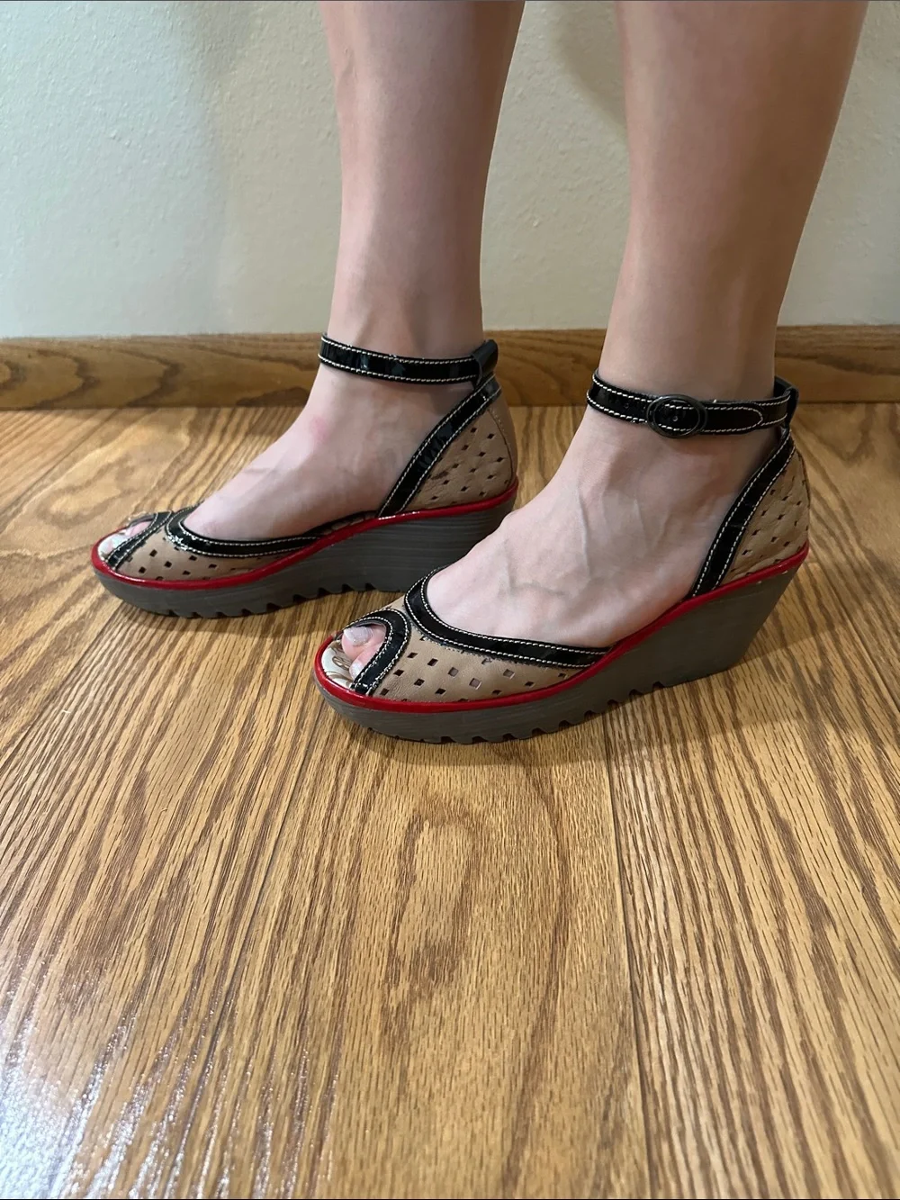 Fly London Beige, Black and Red Peep-Toe Wedge Sandals
